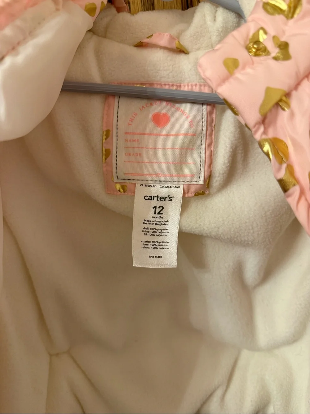 Carter’s Girls' Pink Puffer Winter Jacket with Gold Leaopard Print 12 Month